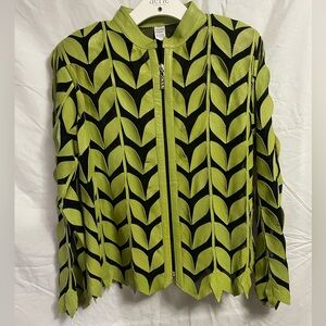 Women’s Leather Leaf Black Mesh Zipper Front Jacket Blazer Size L EUC